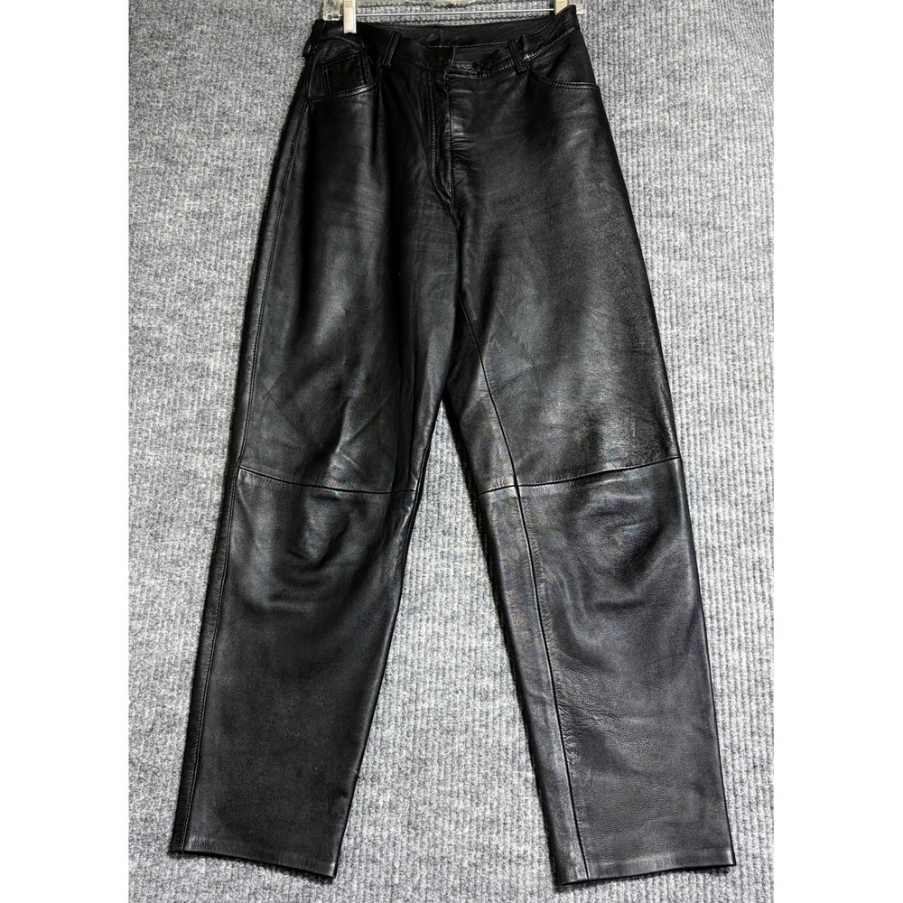 VTG Black Genuine Lamb Nappa Leather High Waisted Straight Leg Pants L Size 42